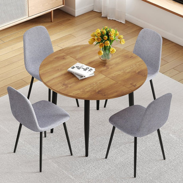 English Elm Table Extendable Round-To-Oval Mdf Dining Set With 4 Light Gray Linen-Cotton Chairs For Gatherings W1151S04142-GIGA