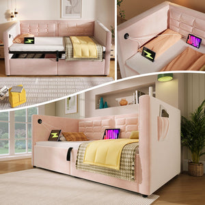 English Elm Upholstered Twin Daybed with Hydraulic Storage, Velvet Tufted Sofa Back, USB & Type-C Charging Port Pink N736P303402P