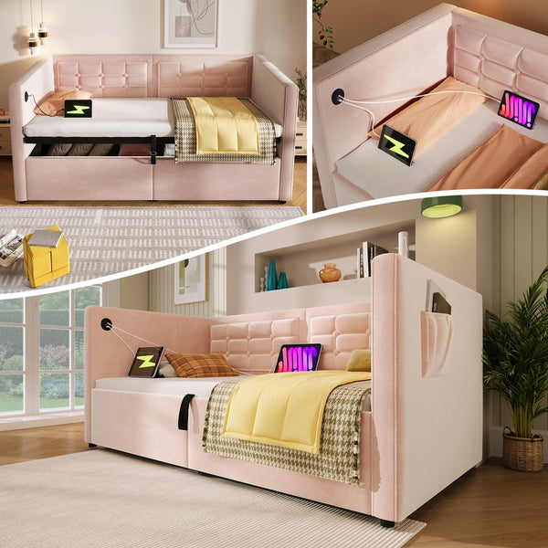 English Elm Upholstered Twin Daybed with Hydraulic Storage, Velvet Tufted Sofa Back, USB & Type-C Charging Port Pink N736P303402P