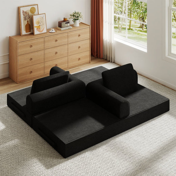 English Elm Convertible Corduroy Sleeper Sofa Foldable Three Seat Couch for Studio or Bedroom Black W3366P447116