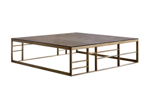 Sunpan Martha Oversized Square Coffee Table - Luxurious Antique Brass Base & Rich Brown Glass Top Design