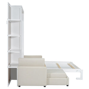 English Elm Queen Wall Bed with Linen Sofa and Open Shelving for Studio or Guest Room LP000592AAK-1