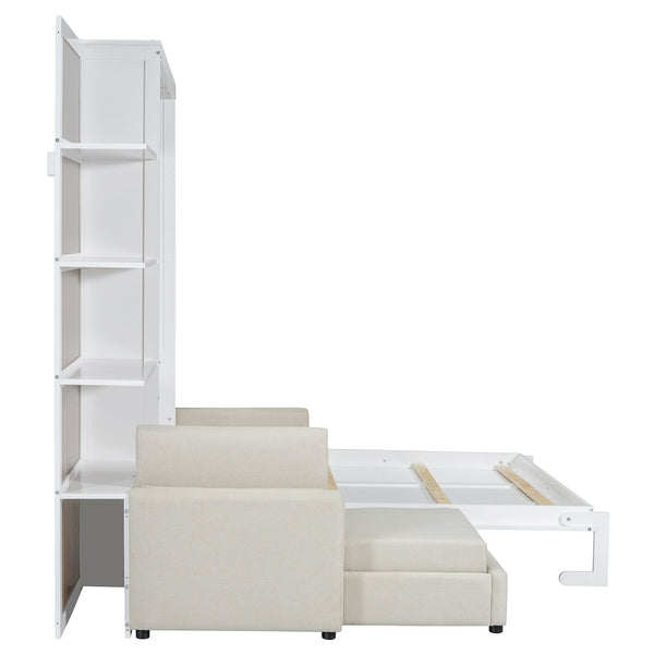 English Elm Queen Wall Bed with Linen Sofa and Open Shelving for Studio or Guest Room LP000592AAK-1