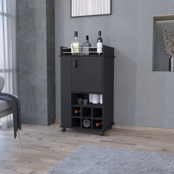 English Elm Farson Stylish Bar Cart with Cabinet, 2 Side Shelves, 6 Wine Racks, Ample Surface & Casters B128P176137