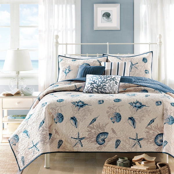 English Elm Brushed Reversible Bayside Quilt Set with Seashell Print, Taupe Coral Accents and 3 Decorative Pillows Blue 22.83 L x 17.72 W x 5.91 H B03597484