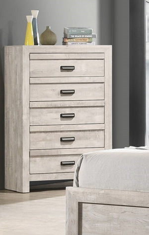 English Elm 1pc Contemporary Five-Drawer Chest with Wood Grain Finish, Slim Profile Storage Solution for Bedroom Beige Gray+White 33.82 L x 18.19 W x 51.37 H B011P368145