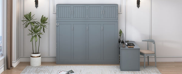 English Elm Queen Size Wall Murphy Bed With Desk, Storage Cabinets & Hydraulic Lift – Elegant Gray Design N820S10034E-GIGA