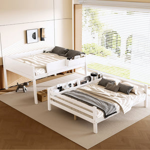 English Elm Queen Over Bunk Bed Pine Frame with Built in Shelving Detachable Vintage Style White W5316S00014