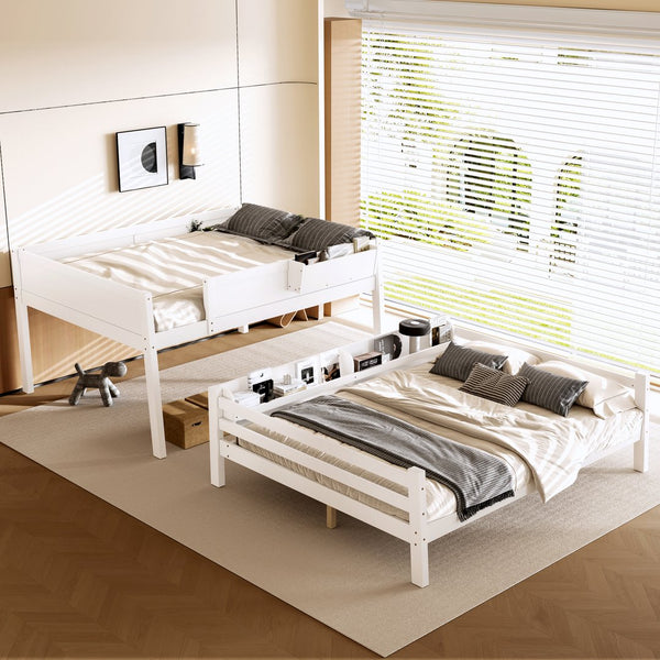 English Elm Queen Over Bunk Bed Pine Frame with Built in Shelving Detachable Vintage Style White W5316S00014