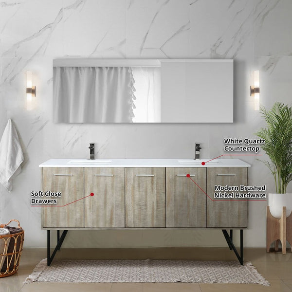 English Elm Rustic Acacia Double Bath Vanity With White Quartz Top, Gun Metal Faucet & 70" Mirror For Elegance B2731S01673-GIGA