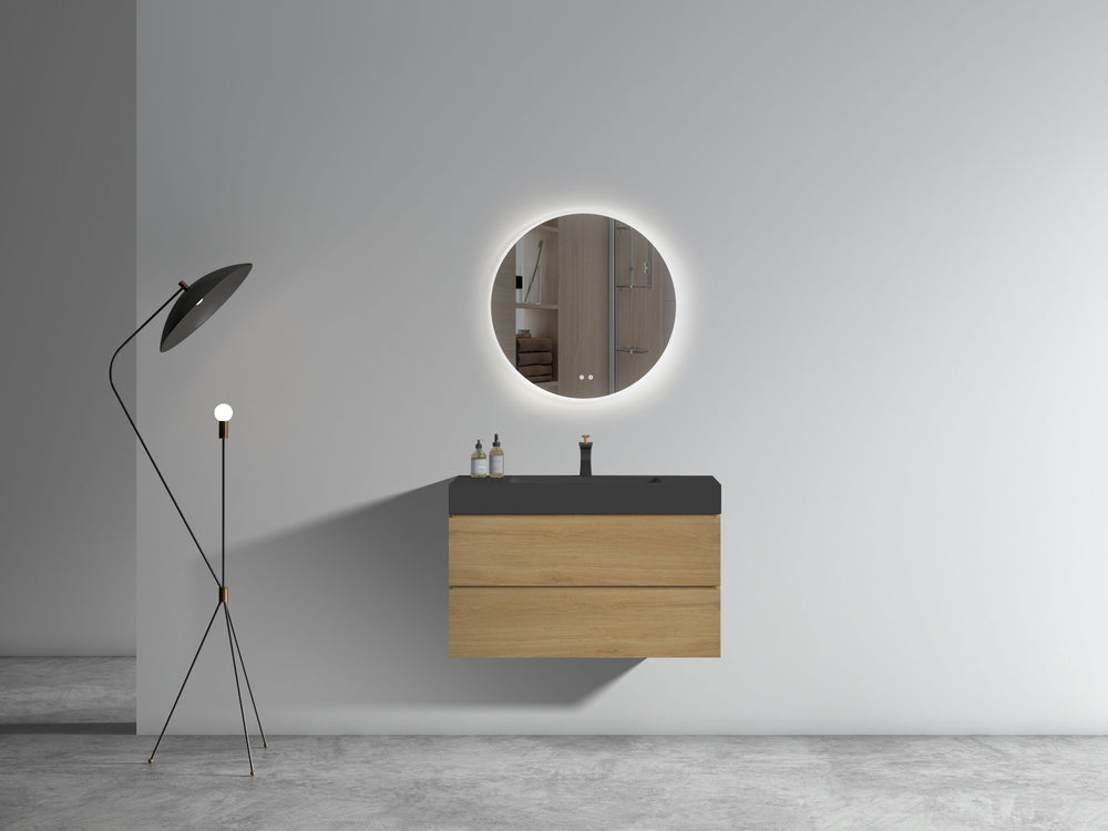 English Elm U092-Alice36W-106 Natural Oak 36" Wall-Mounted Bathroom Vanity with Black One-Piece Basin, Soft-Closing Drawers, Extra Storage, Handle-Free Modern Design W1865S00045