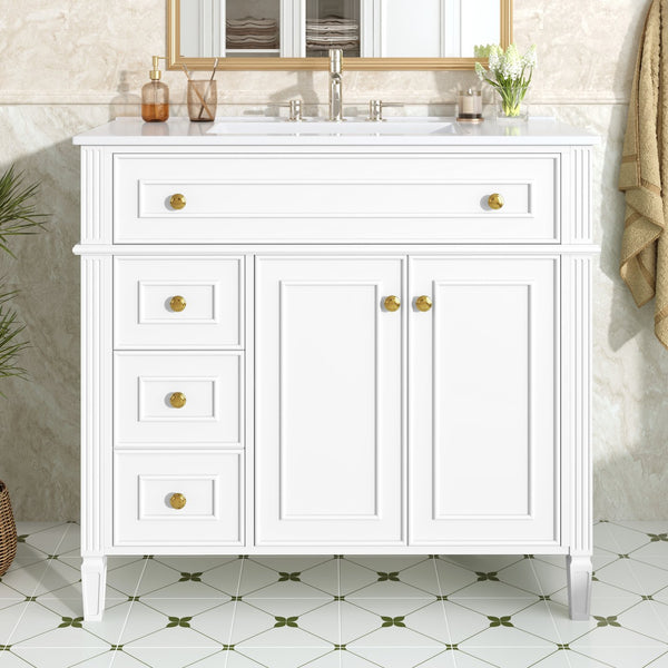 English Elm 36 Inch Freestanding Bathroom Vanity Sage Pine Cabinet Gold Hardware Ceramic Sink White N725P366468K