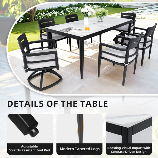 English Elm Outdoor Modern Patio Dining Table 35.5"x71" with Sintered Stone Top, Tapered Legs, Weatherproof Elegance Ember Black Frame,Greek White Marble-Inspired Sintered Stone W1886P272393