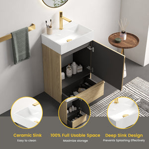 English Elm Gada Fluted Sage Freestanding Bathroom Vanity with Brushed Brass Vessel Sink Cabinet Light Oak W1865S00216