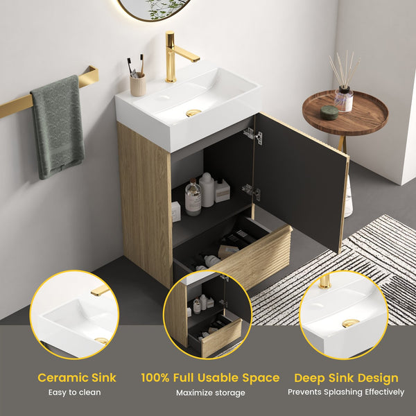English Elm Gada Fluted Sage Freestanding Bathroom Vanity with Brushed Brass Vessel Sink Cabinet Light Oak W1865S00216