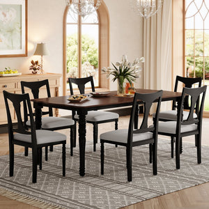 English Elm 7-piece Oak Veneer Extendable Dining Set with 6 Upholstered Chairs for Farmhouse Kitchens Black+Brown N752S100030B