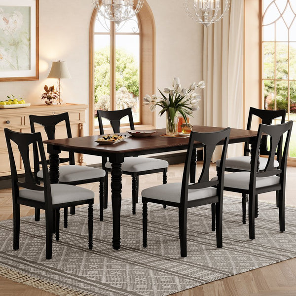 English Elm 7-piece Oak Veneer Extendable Dining Set with 6 Upholstered Chairs for Farmhouse Kitchens Black+Brown N752S100030B