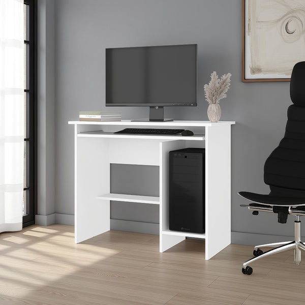 English Elm Rio Compact Writing Desk with Open Shelf White Finish for Home Office or Bedroom B128P473985