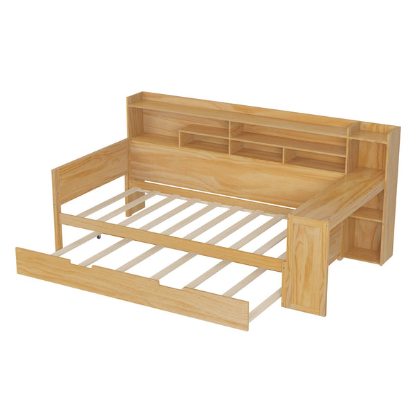 English Elm Wooden Twin Daybed with Trundle, Built-In Desk and Side Storage Shelves for Space-Saving Living Natural 54.4 L x 18 W x 5.6 H N733S242275M