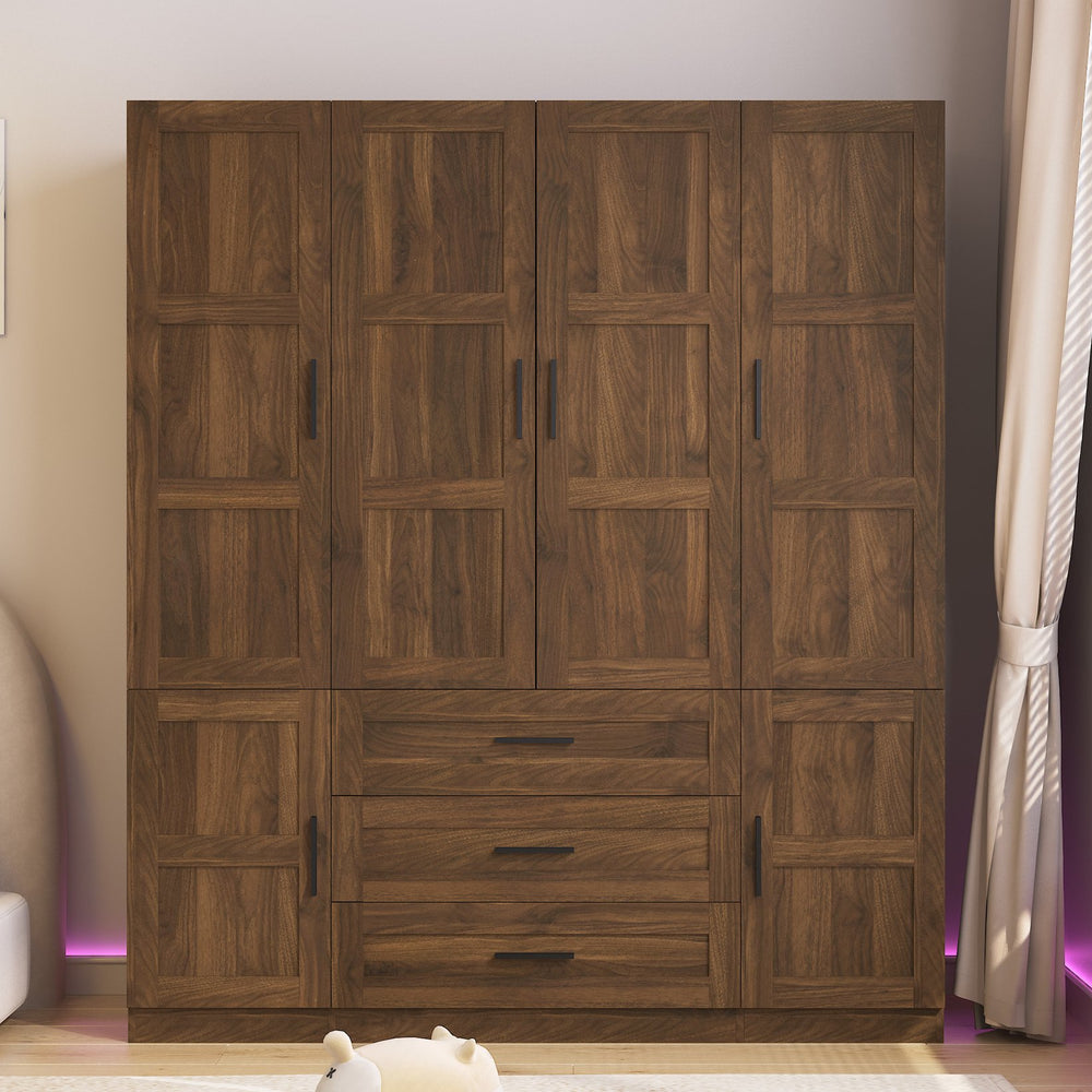 English Elm Tall Wooden Freestanding Armoire with Six Doors Three Drawers and Hanging Rod W1321S00039