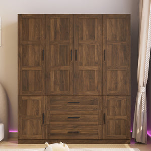 English Elm Tall Wooden Freestanding Armoire with Six Doors Three Drawers and Hanging Rod W1321S00039