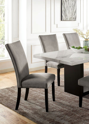 English Elm Gorgeous Marble Top 7 Piece Dining Set with Nailhead Upholstered Chairs Dark Wood Base Black,Light Gray,White B2741S00763