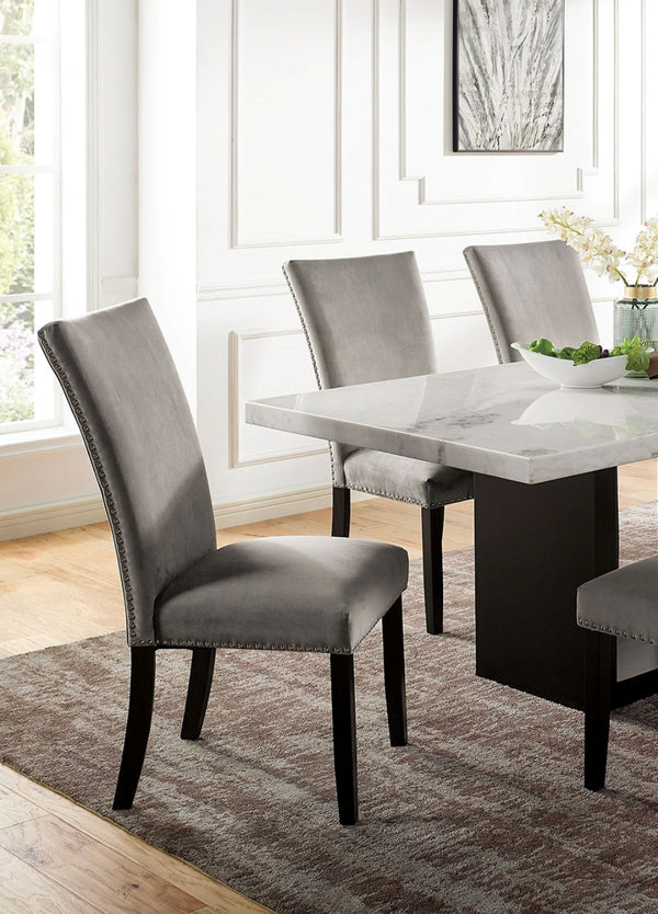 English Elm Gorgeous Marble Top 7 Piece Dining Set with Nailhead Upholstered Chairs Dark Wood Base Black,Light Gray,White B2741S00763