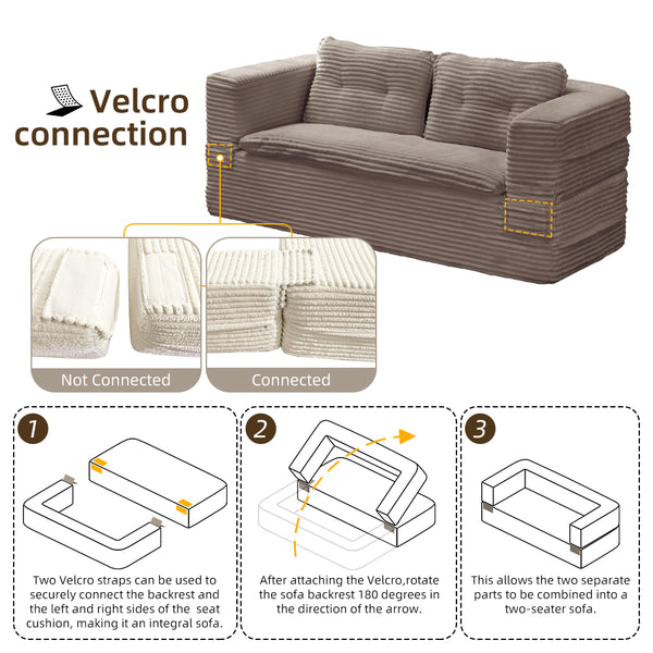 English Elm Multi Purpose Corduroy Sectional with Chaise Converts to King Floor Bed Deep Seat Coffee W3219S00010