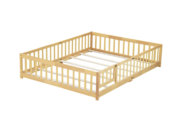 English Elm Queen Floor Bed with Safety Fence and Guardrails, Rubberwood Low Profile Platform for Kids Natural W504P286389