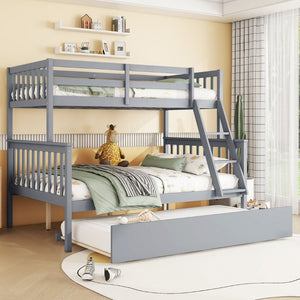English Elm Twin Over Full Bunk Bed With Trundle, Detachable Ladder, Rustic Grey Wood, Space-Saving Design W504S00186-GIGA