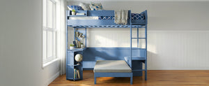 English Elm Full Size Loft Bed with Rotating Desk Led Lighting Sofa and Bookshelf Storage Navy Blue LT000200AAC