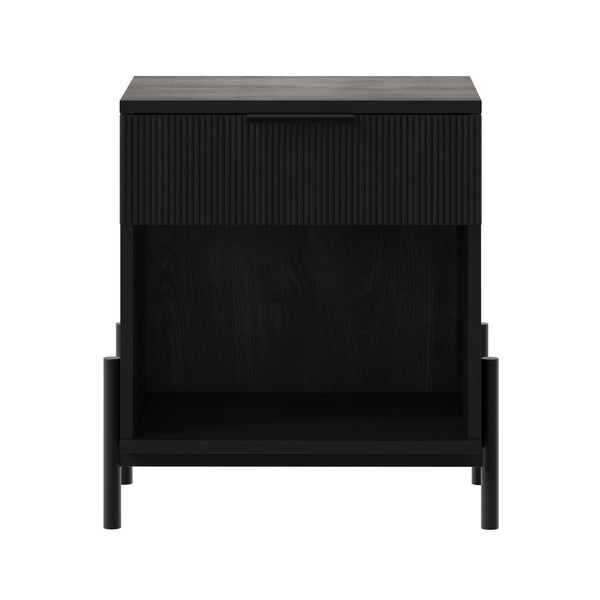 English Elm Walker Edison - Modern Fluted-Drawer Nightstand Black — Boho Minimalist MDF Nightstand with Open Cubby & Metal Legs B185P168922