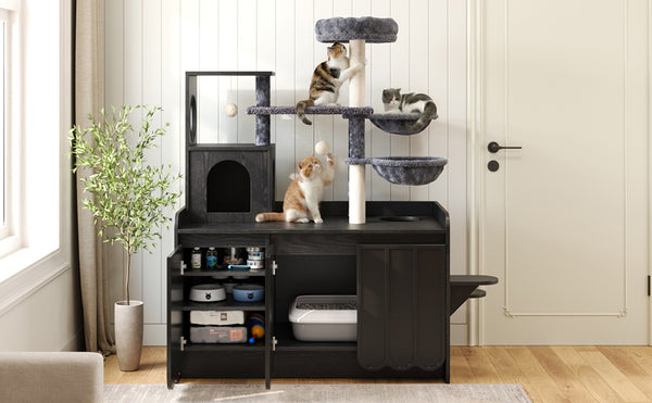 English Elm 50.6" Modern Cat Tower with Hidden Litter Enclosure Sisal Posts and Dual Hammocks N704P443505B