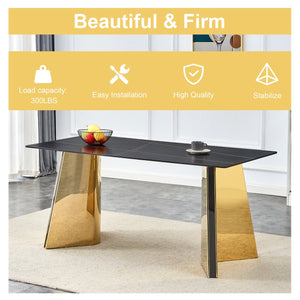 English Elm 63"x31.5x30" Marble Slab Rectangular Dining Table with Sculptural Butterfly Stainless Legs Black,Gold W1151S04617