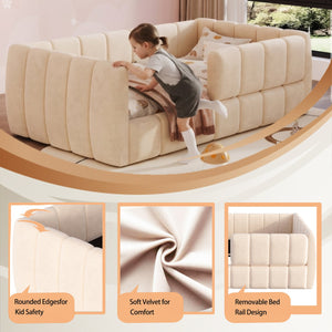 English Elm Upholstered Velvet Toddler Daybed with Removable Guardrails and Solid Slat Support Beige N899P452426A