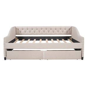 English Elm Upholstered Full Daybed with Linen Tufted Back Rivet Arms and Two Storage Drawers LP002111AAA