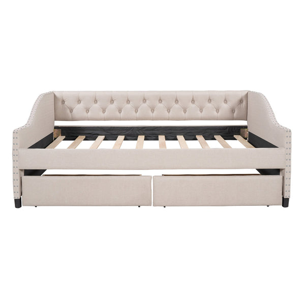 English Elm Upholstered Full Daybed with Linen Tufted Back Rivet Arms and Two Storage Drawers LP002111AAA