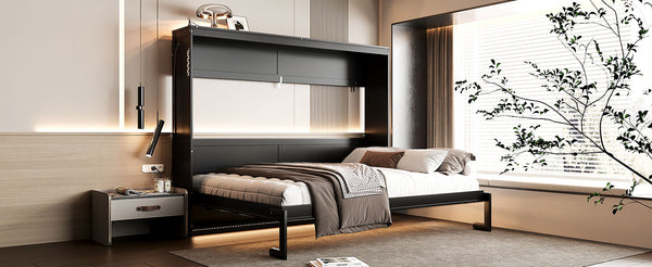 English Elm Queen-size Murphy Wall Bed with Led Ambient Lighting Usb Outlet and Graphic Panel Black LP000357AAB