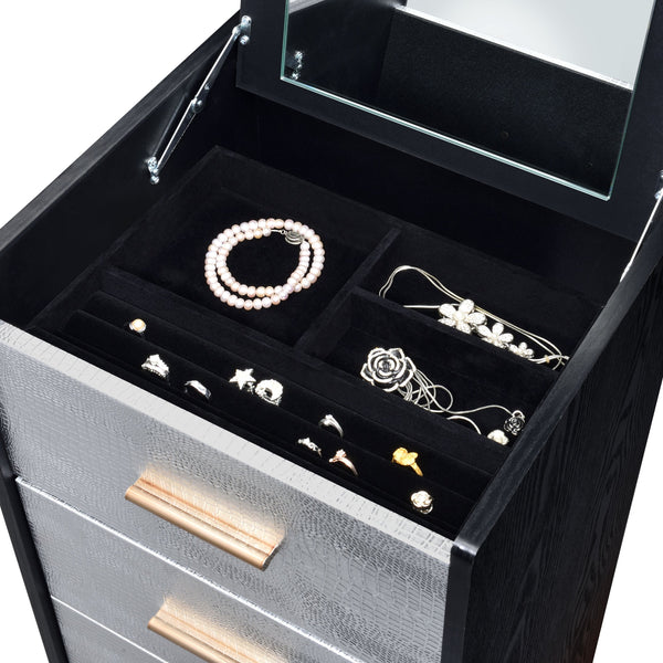 English Elm Myles Black Jewelry Armoire with Silver & Gold Accents, Mirror, 4 Drawers, Metal Legs, Compact Storage B2726P279129