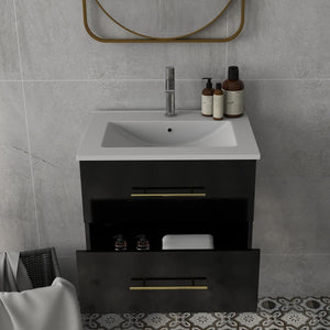 English Elm 24-Inch Wall-Mounted Bathroom Vanity With Ceramic Sink, Gold Handles & Double Drawers For Small Spaces W3151S00036