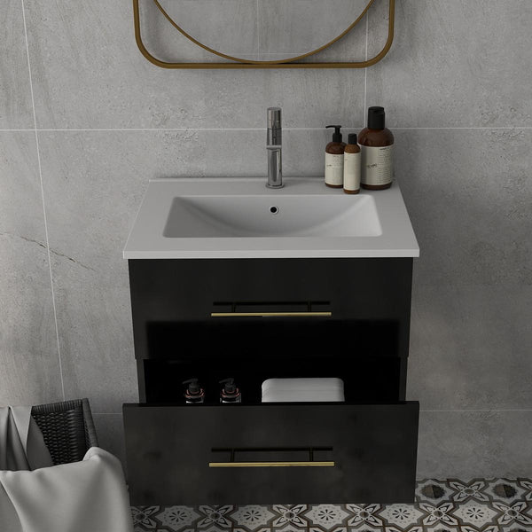 English Elm 24-Inch Wall-Mounted Bathroom Vanity With Ceramic Sink, Gold Handles & Double Drawers For Small Spaces W3151S00036