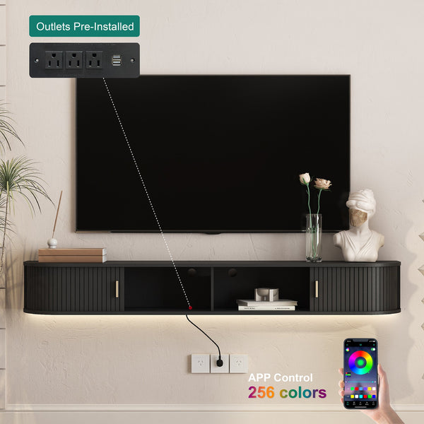English Elm Floating Wall Mounted Media Console with Led Backlighting Mid-century Curved Design Black W1321P476924