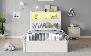 English Elm Twin Wood Storage Bed with Led Headboard Drawers and Pull Out Cabinet for Kids White W2593S00048