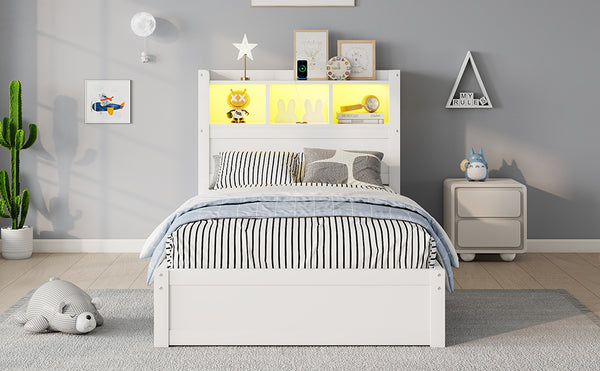 English Elm Twin Wood Storage Bed with Led Headboard Drawers and Pull Out Cabinet for Kids White W2593S00048