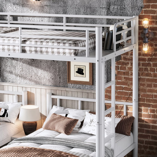 English Elm Twin Triple Bunk Bed Metal L-shaped Frame Sleeps Three Kids White Finish White W1580S00616