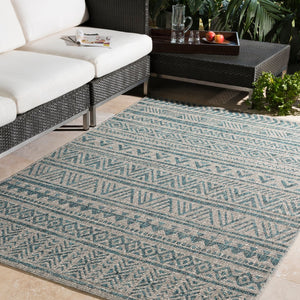Livabliss Eagean Geometric Flatweave Polypropylene Area Rug for Indoor Outdoor Living Spaces Aqua, Black 6'7" x 9' EAG2307-679