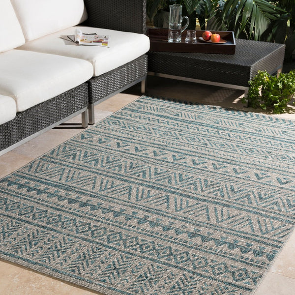 Livabliss Eagean Geometric Flatweave Polypropylene Area Rug for Indoor Outdoor Living Spaces Aqua, Black 6'7" x 9' EAG2307-679