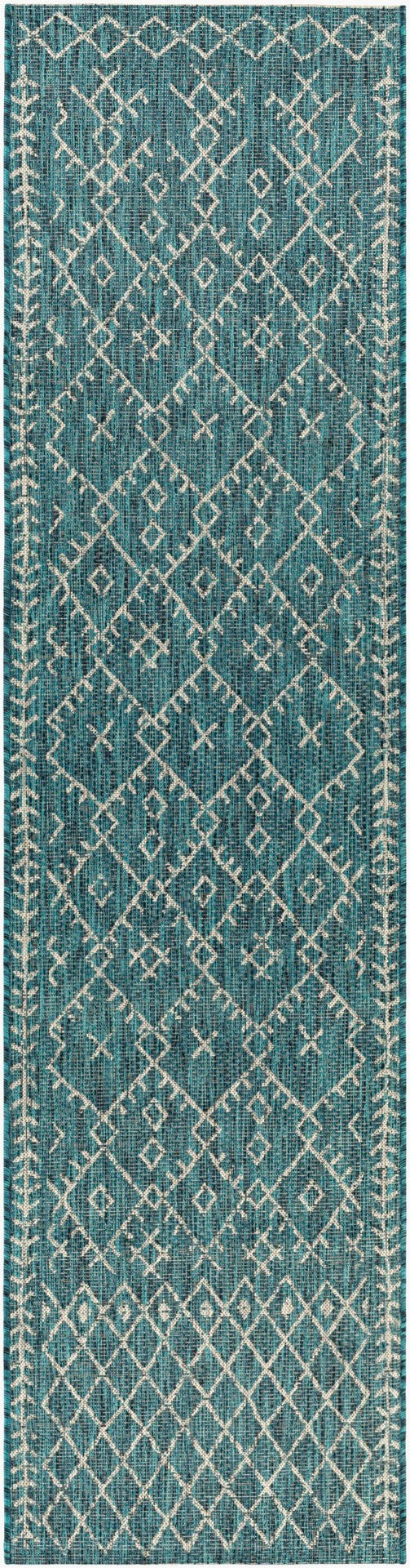 Livabliss Eagean Flatweave Polypropylene Indoor Outdoor Rug Bohemian Global Pattern for Living Room Aqua, Black 2'7" x 10' EAG2330-2710