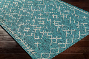 Livabliss Eagean Flatweave Polypropylene Indoor Outdoor Rug Bohemian Global Pattern for Living Room Aqua, Black 6'7" x 6'7" Round EAG2330-67RD