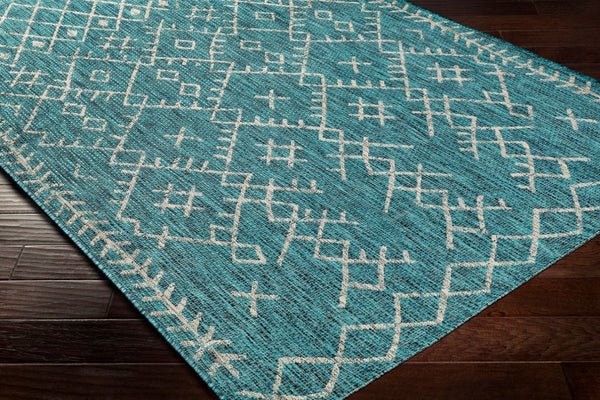 Livabliss Eagean Flatweave Polypropylene Indoor Outdoor Rug Bohemian Global Pattern for Living Room Aqua, Black 6'7" x 6'7" Round EAG2330-67RD